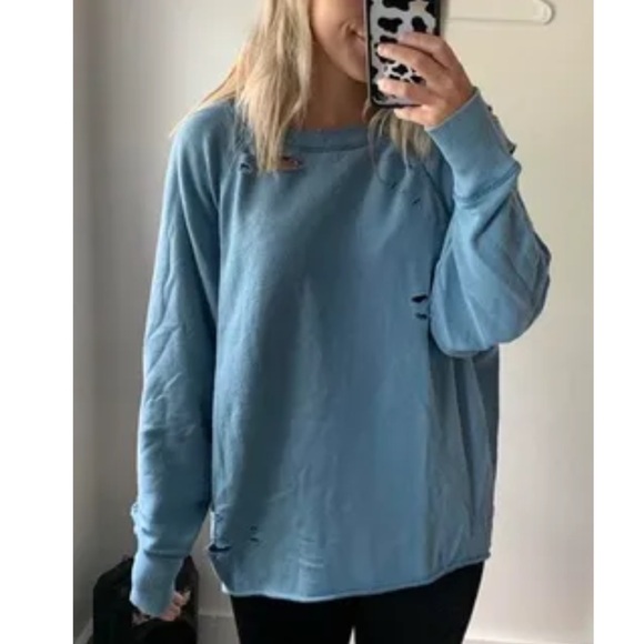 Aerie Blue Distressed Cut Up Oversized Crew Neck Sweatshirt - Picture 5 of 6